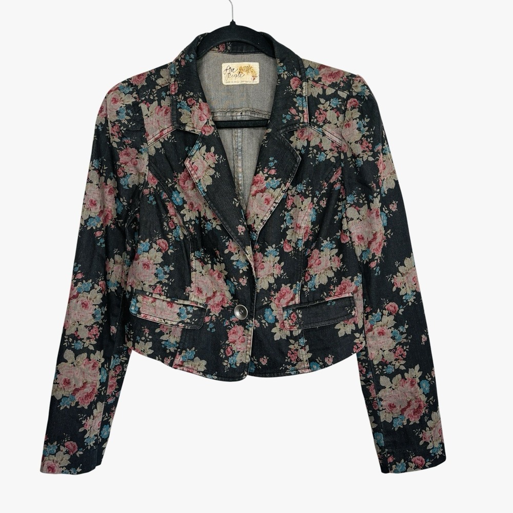 VTG Free People Y2k Floral Cropped Jacket 4 Boho Cottage Dark Romantic Layering